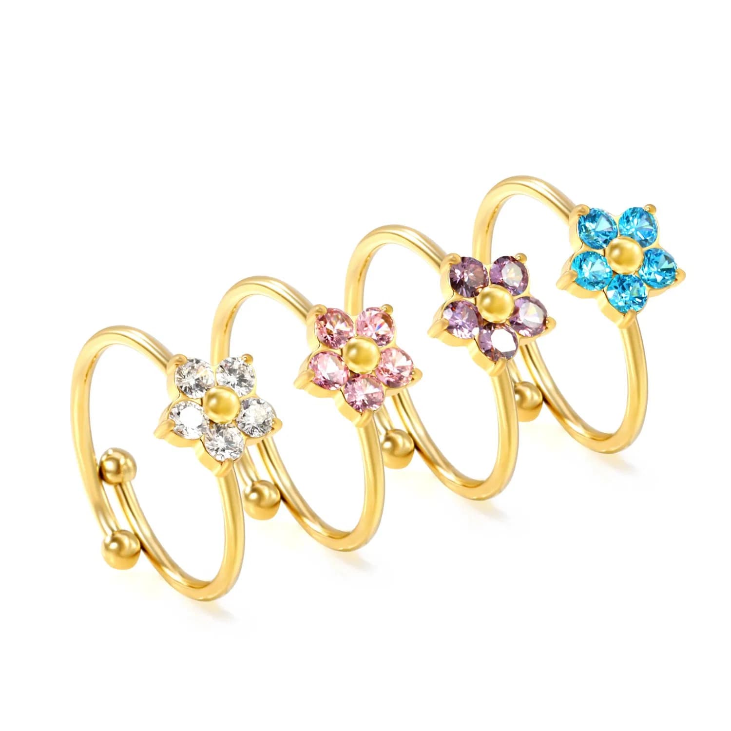 Ason Hot-Selling Stainless Steel Jewelry Flower Rings Colorful Inlaid Zircon Open Rings