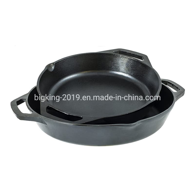 Cast Iron Dual Handle Pan for Dual Handles Durable Frying Pan Deep Pizza Pan Large Loop Handles Camping Skillet Black