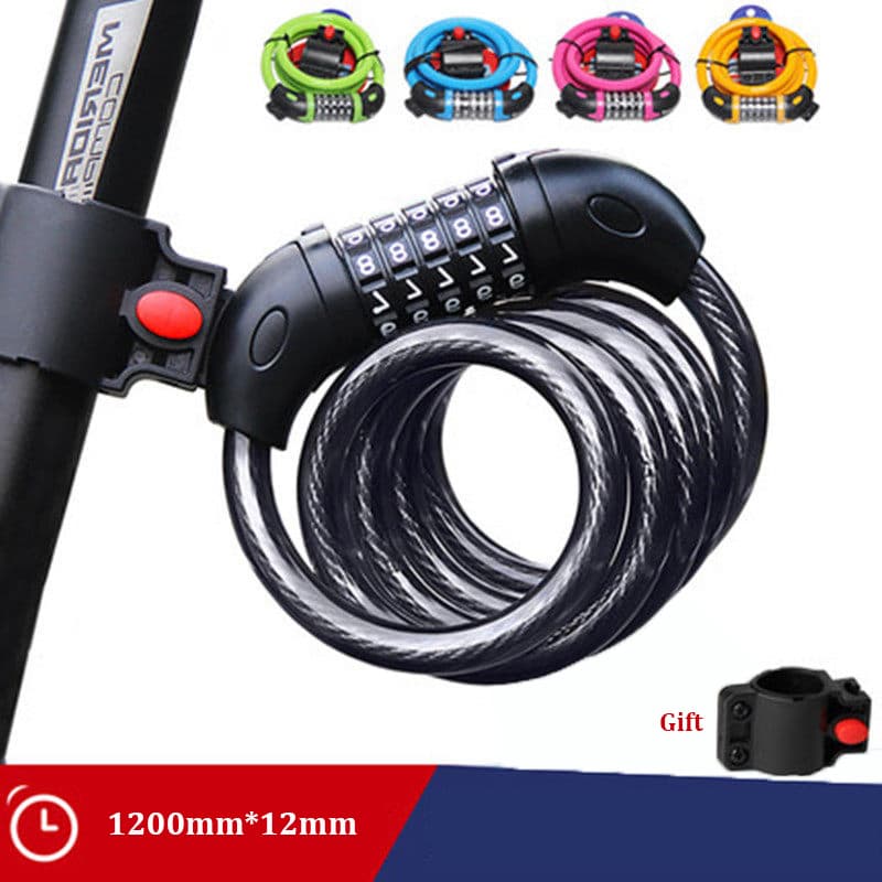 5-Digit Combination Bike Lock 1200mm×12mm Anti-Theft Coiled Cable Lock with Mount Bracket for Bicycle Scooter