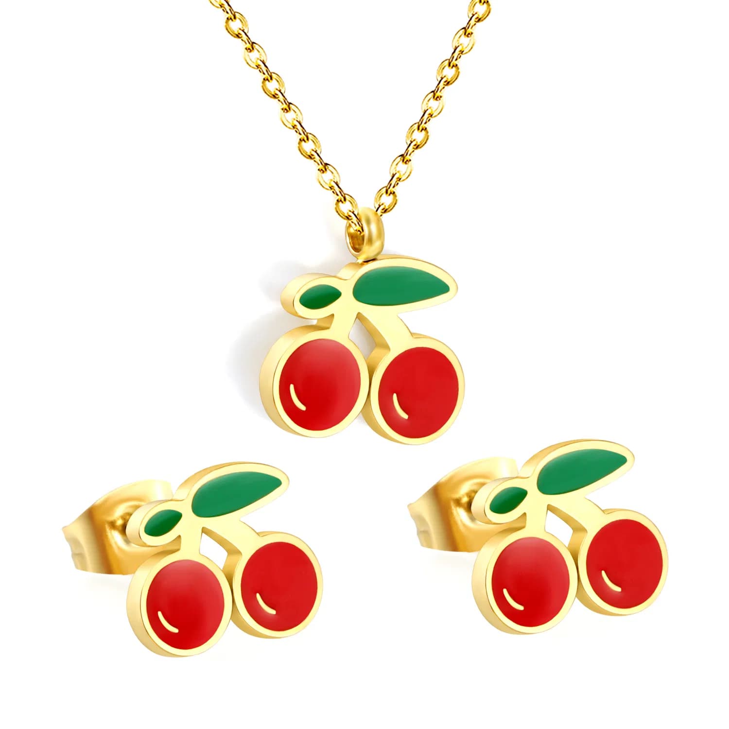 Ason Children's Earrings and Necklace Cute Red Enamel Cherry Jewelry Set