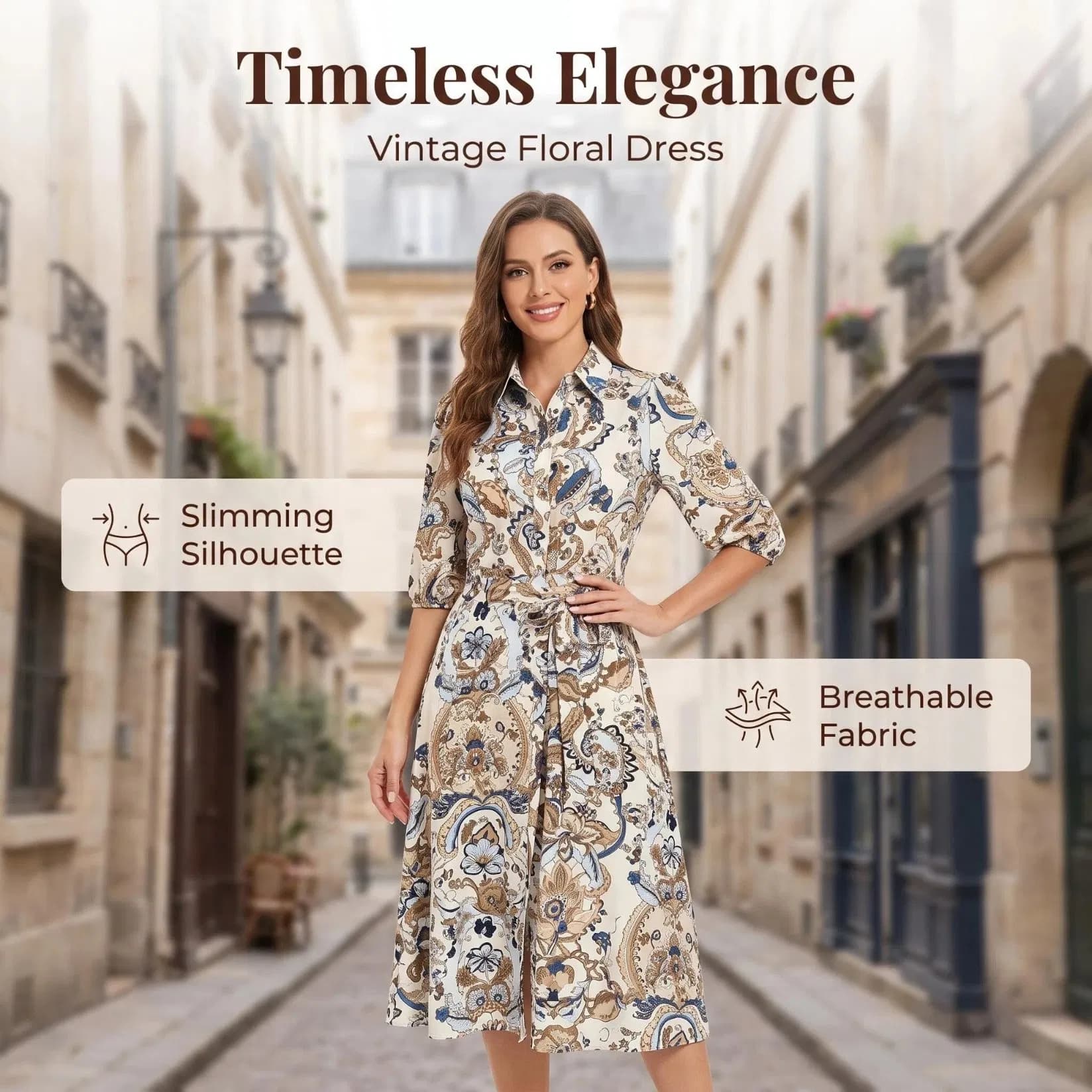 Women Paisley Print MID-Sleeve Shirt Dress MIDI Dress with Self-Fabric Belt Casual Custom Ladies Dress