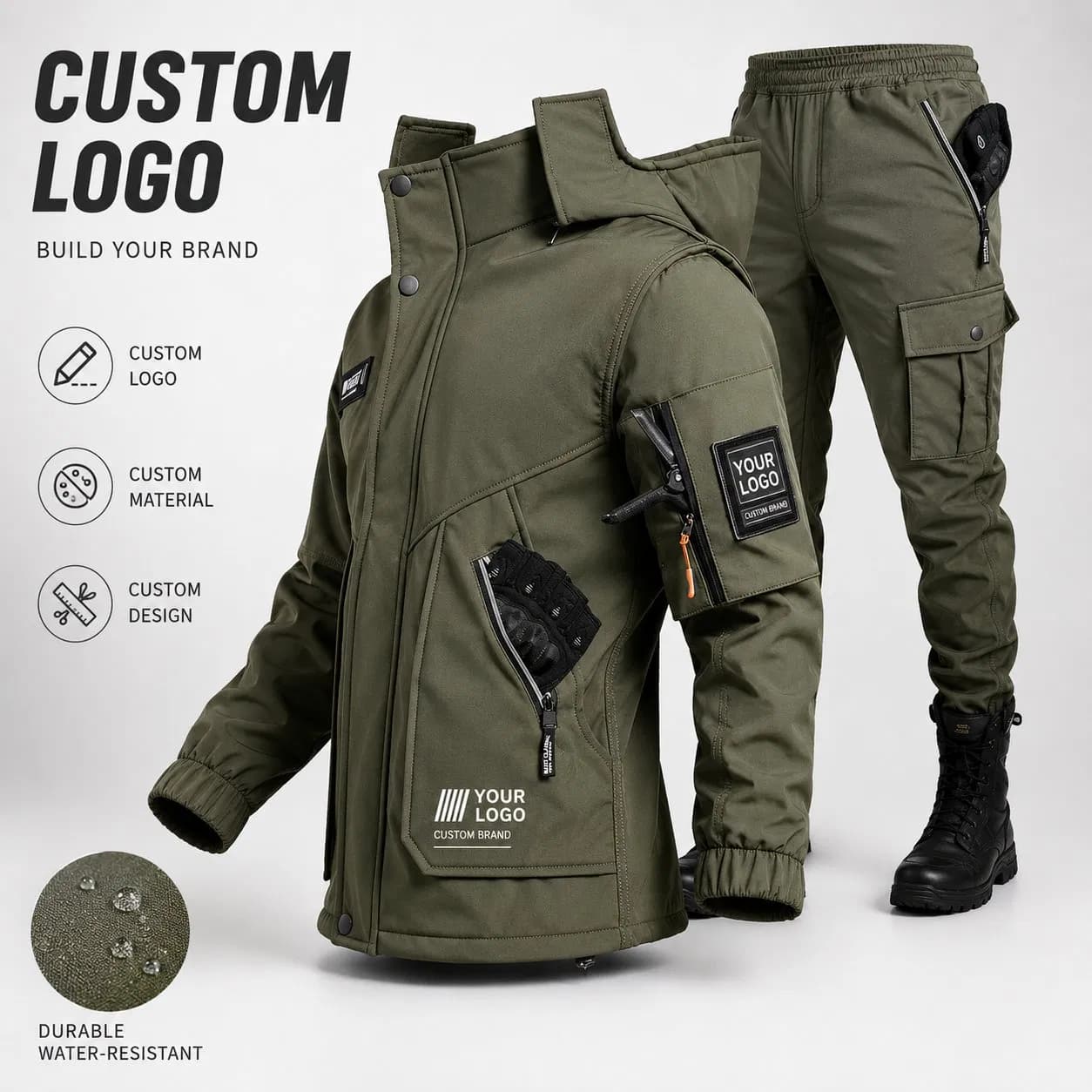 Softshell Fleece Lined Tactical Jacket Pants Set Waterproof Windproof Multi-Pocket Detachable Hood Outdoor Work Coverall Suit CE
