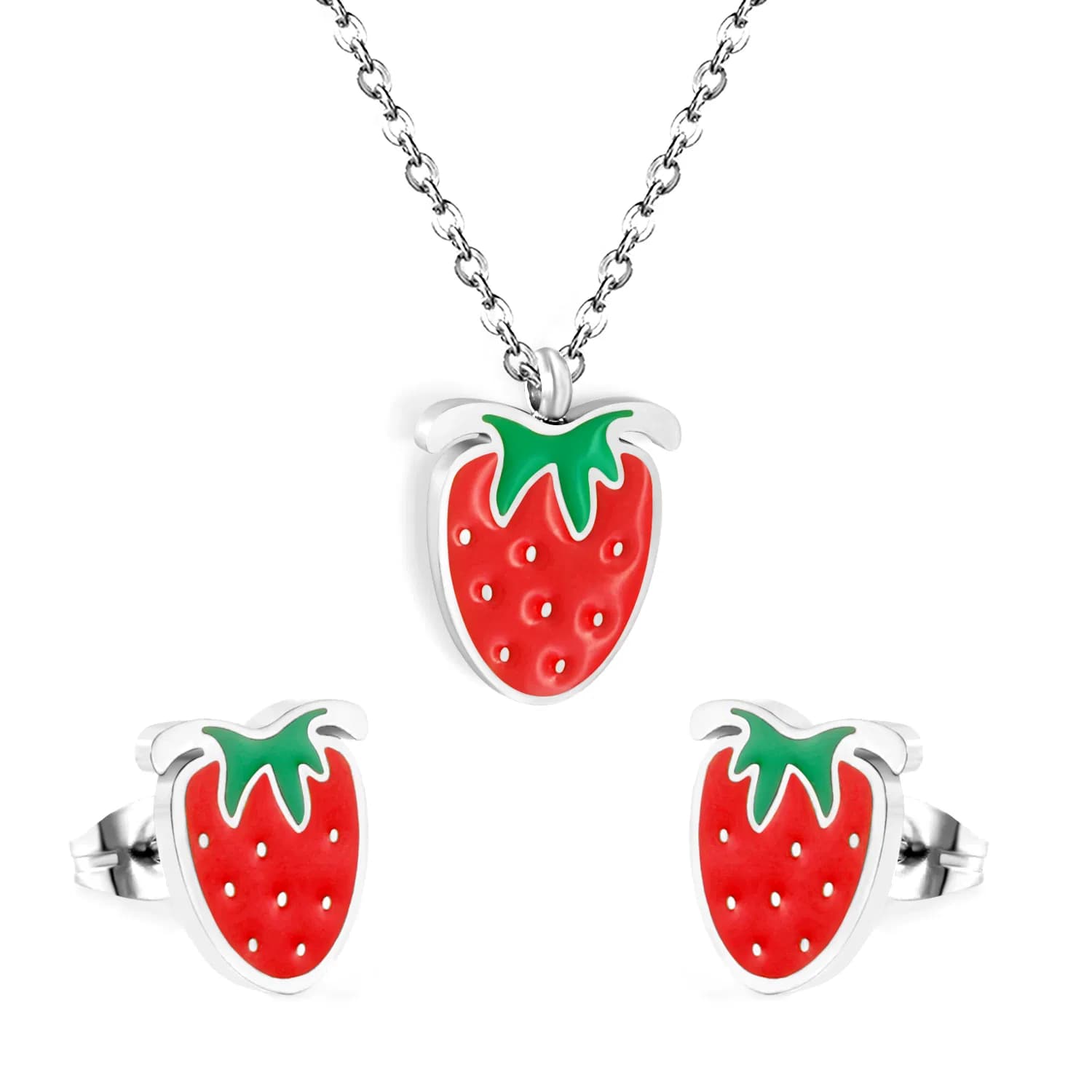Ason Hypoallergenic Kid's Stainless Steel Earrings and Necklace Strawberry Jewelry Set