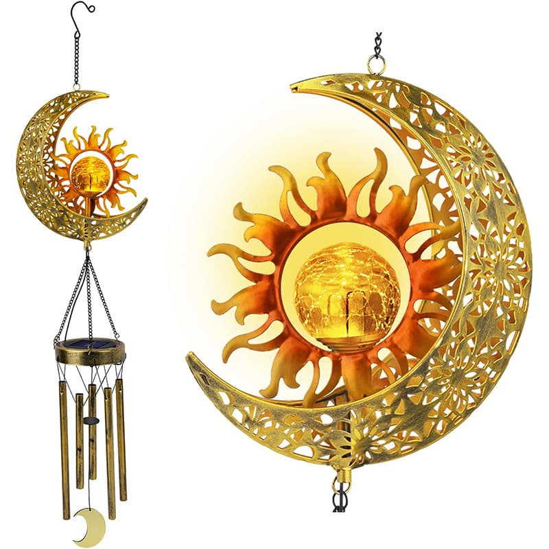 Sun Moon Solar Wind Chimes for Outside Crackle Glass Ball Waterproof Wind Chimes