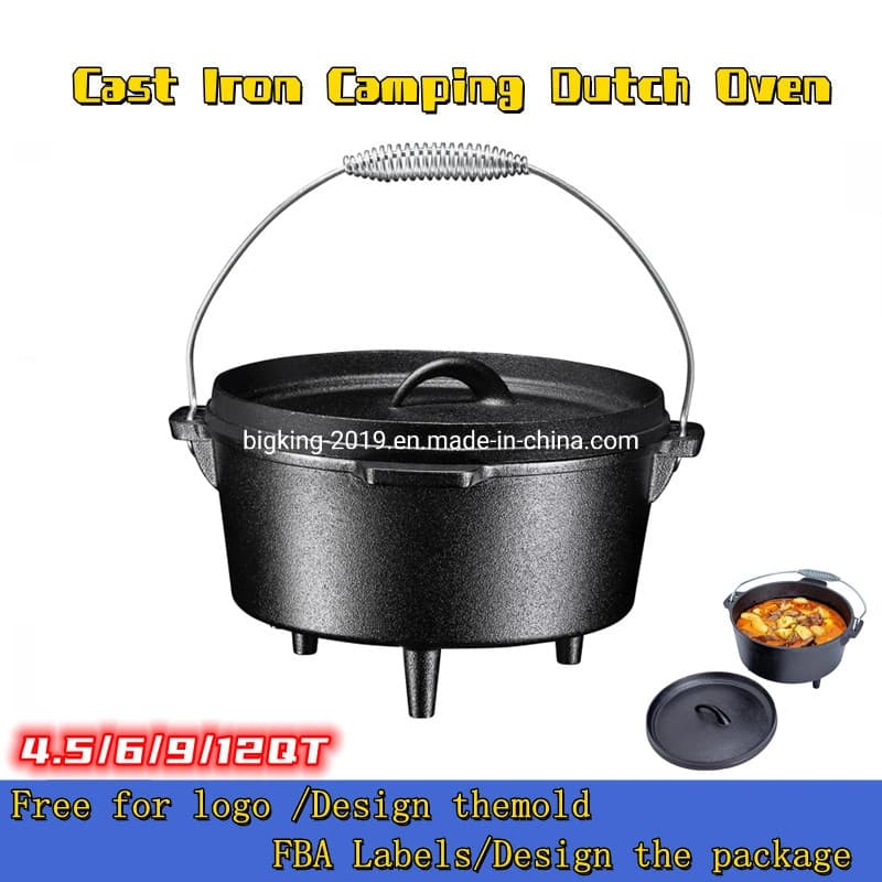 Cookercool 4.5qt 6qt 9qt 12qt Round Shape Cast Iron Camping Dutch Oven with Lid
