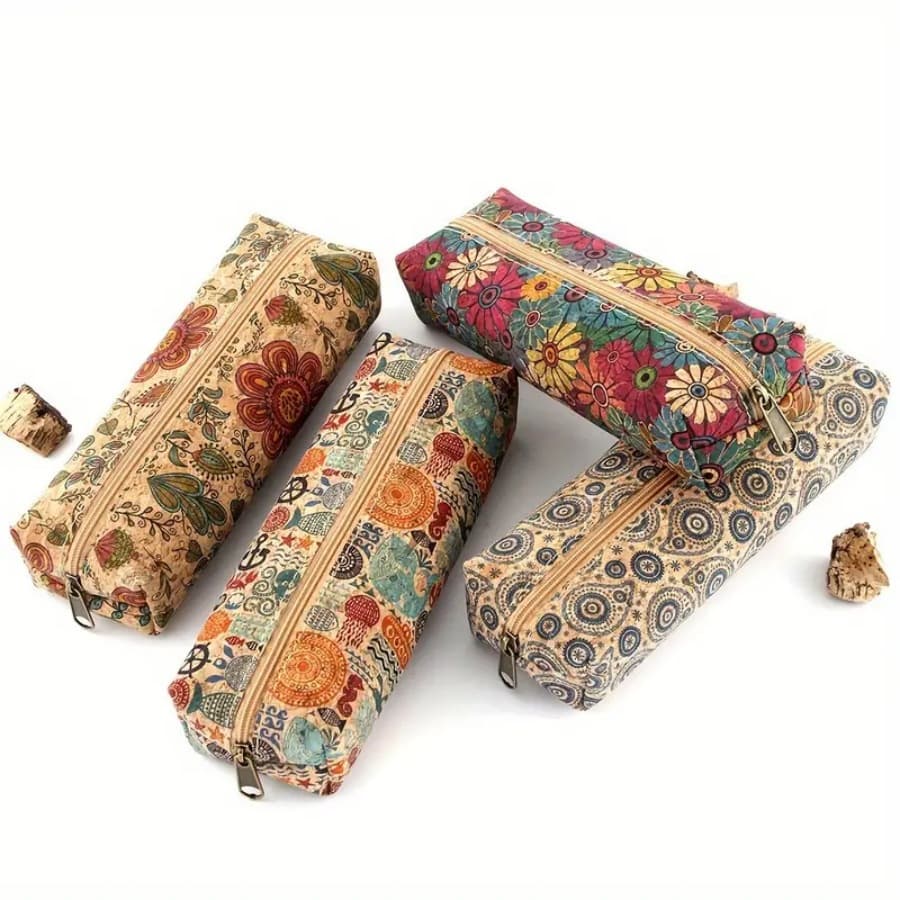 Vintage Floral Print Cork Pencil Case Portable Student Stationery Organizer Cork Pencil Bag