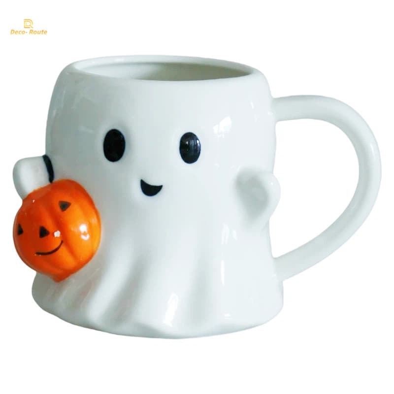 Halloween Ghost Holding Pumpkin Ceramic Cup