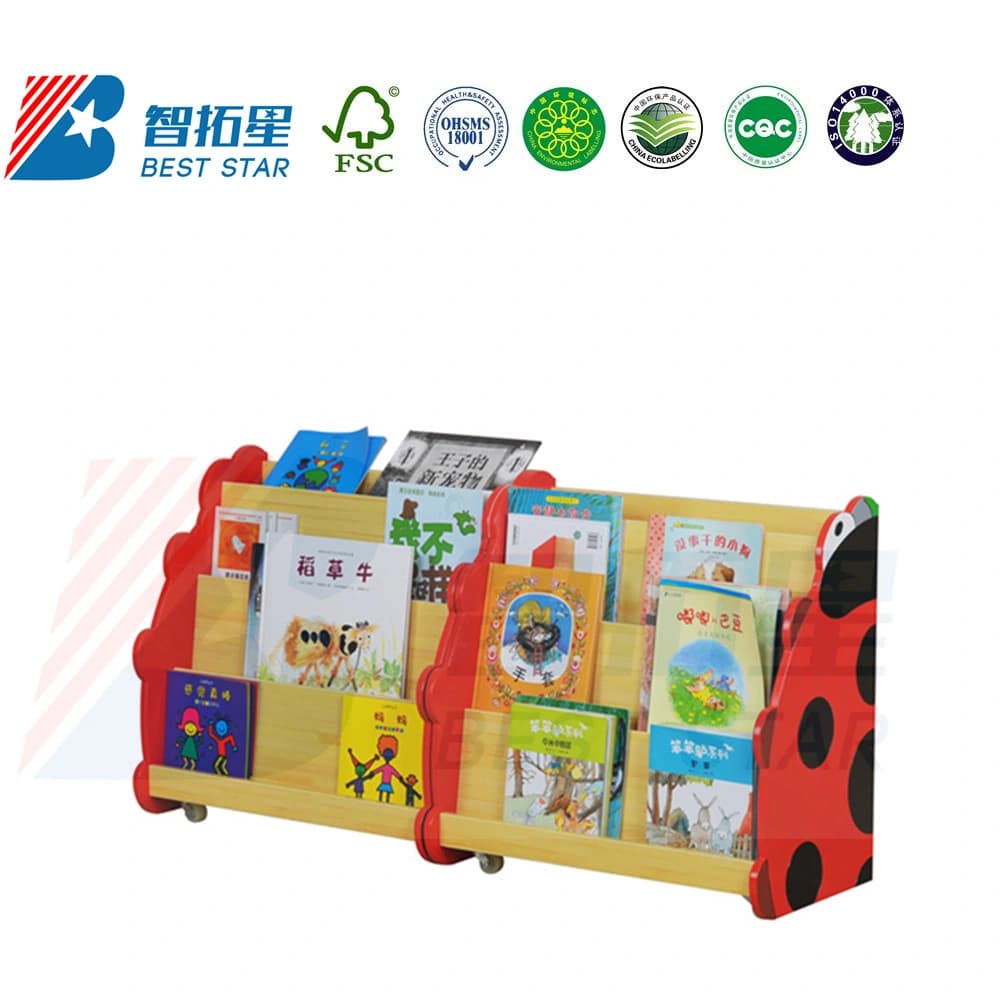 Kindergarten and Preschool Furniture, Cartoon Book Storage Cabinet, School Library Book Rack, Wood Display Bookshelf