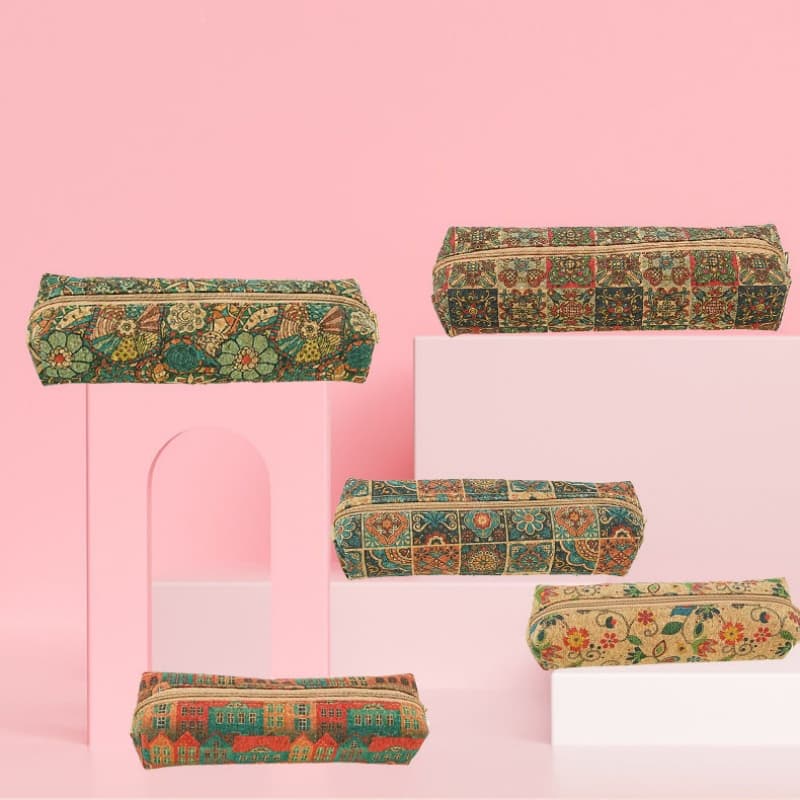 Floral Geometric Patchwork Cork Pencil Case Large Capacity Portable Travel Organizer Cork Pencil Bag