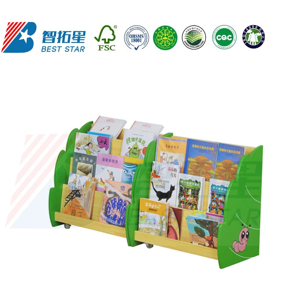Children Wooden Display Children Storage Book Shelf, Kindergarten and Preschool Furniture, School Library Book Rack, Movable Cartoon Kids Bookcase Bookshelf