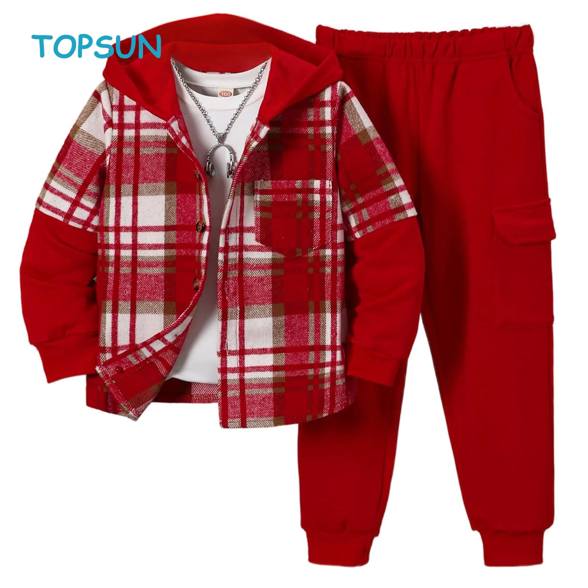 Boys 2 Pieces Sweatsuit Flannel Plaid Shirt Tops Hoodies Cargo Sweat Pants Clothing Set 3-14y