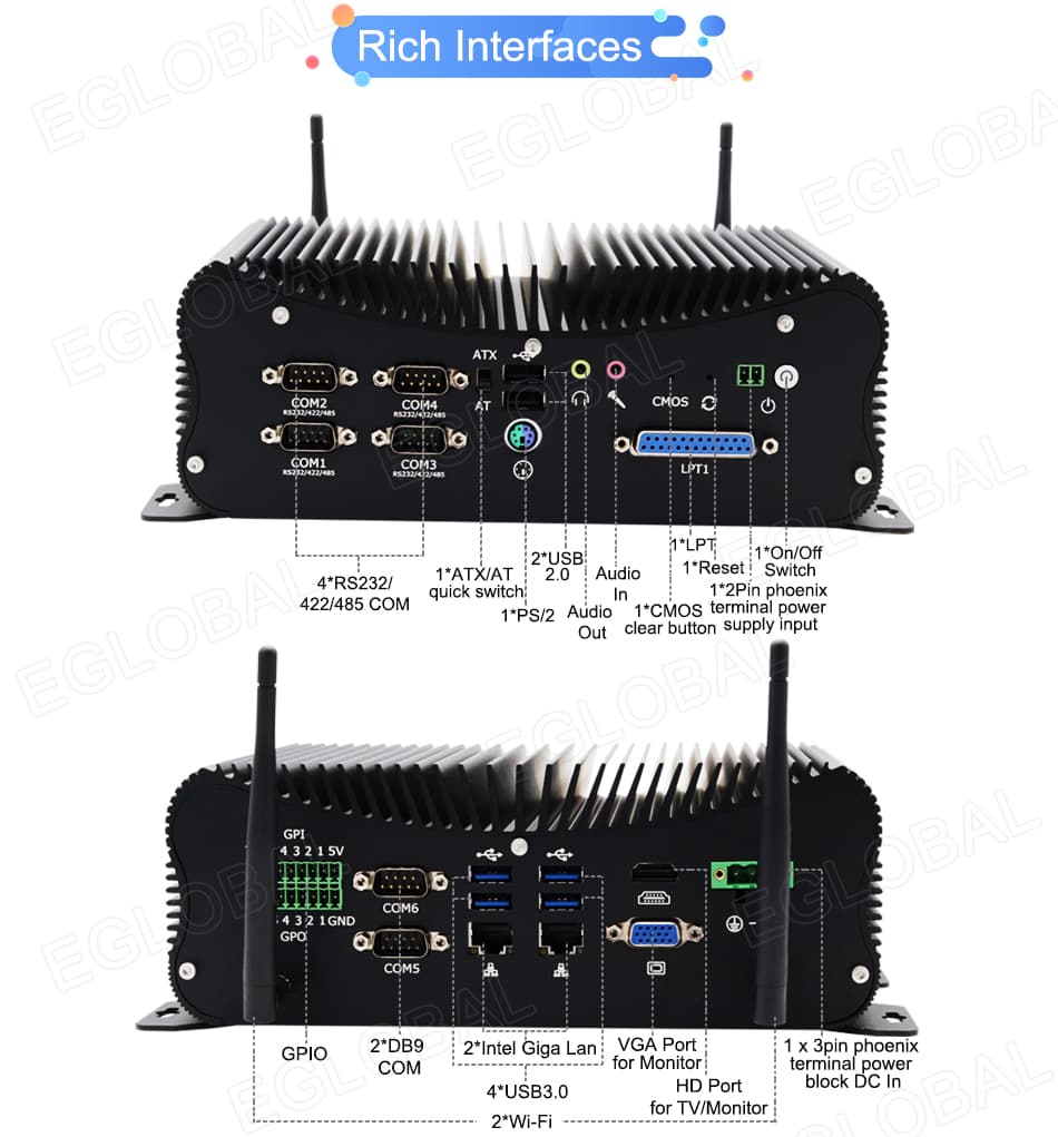 Eglobal New Fanless Mini Industrial PC Intel Core I5 5278u DDR3 6 COM 2 Lans 6 USB Windows10 Industrial Computer Series