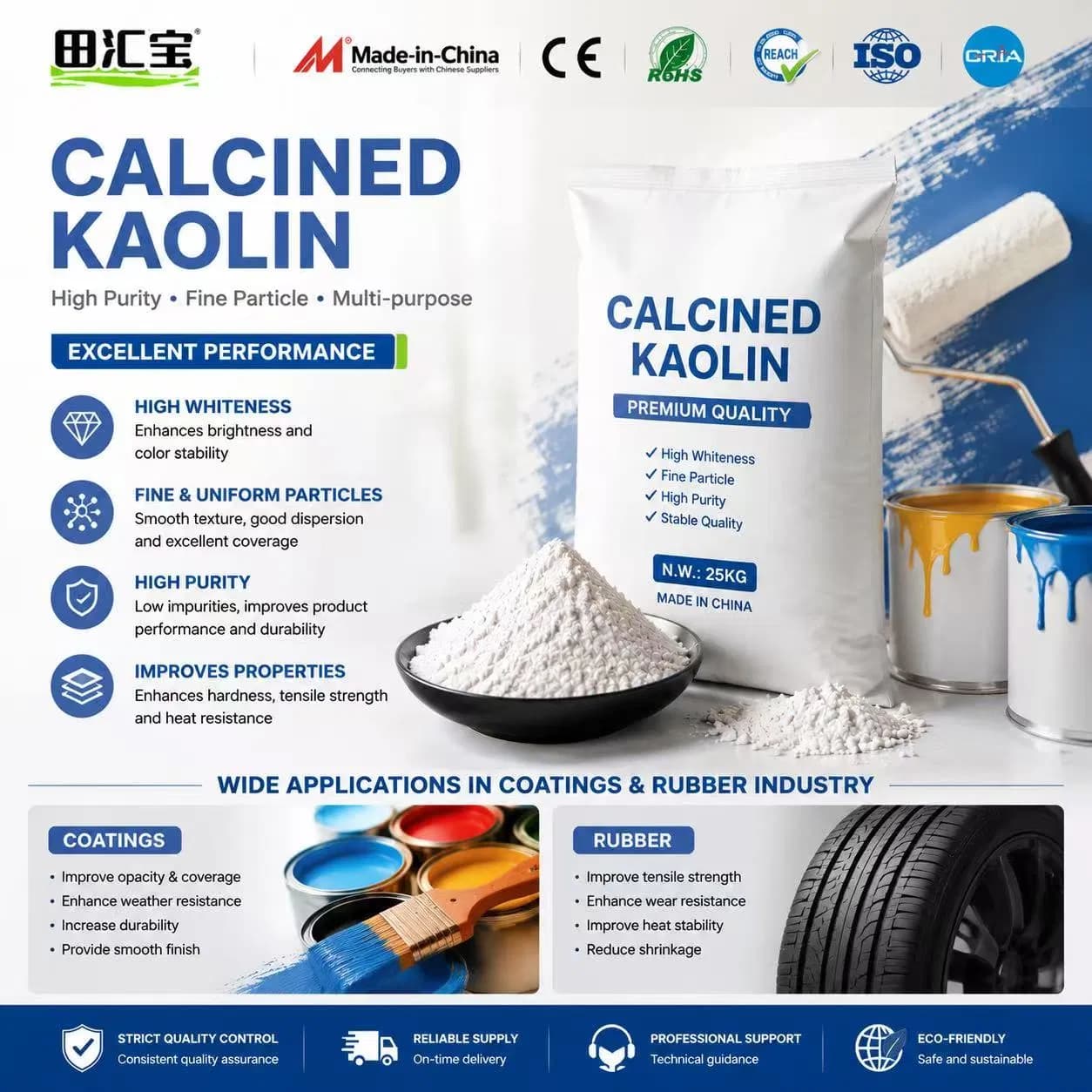 Factory Supply Ultra-Fine Calcined Kaolin Powder Functional Filler for Coatings & Rubber