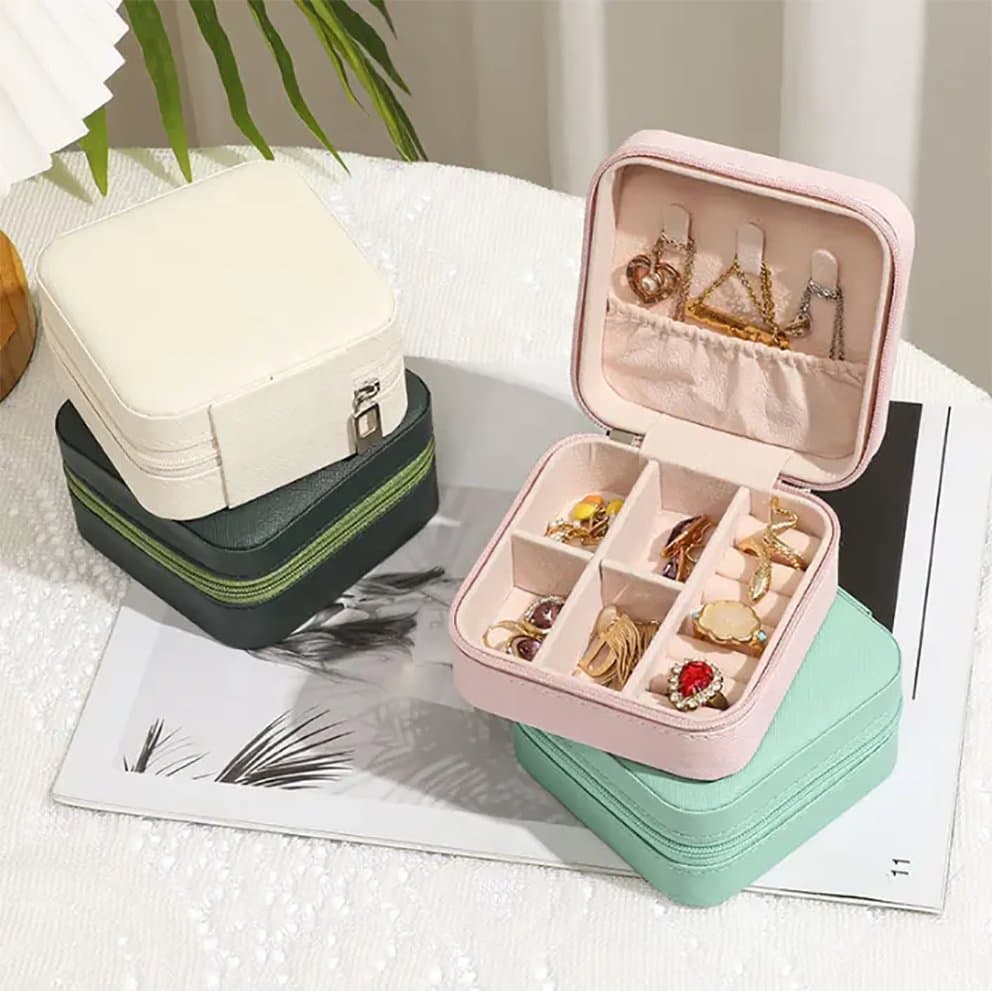 Travel Jewelry Organizer Storage Ring Gift Box Rectangle Square Shape Leather Zipper