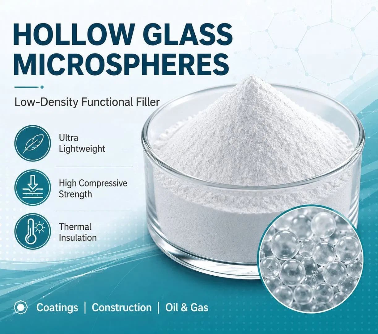 Lightweight Hollow Glass Spheres, Hollow Glass Microbeads as Construction & Composite Material Fillers