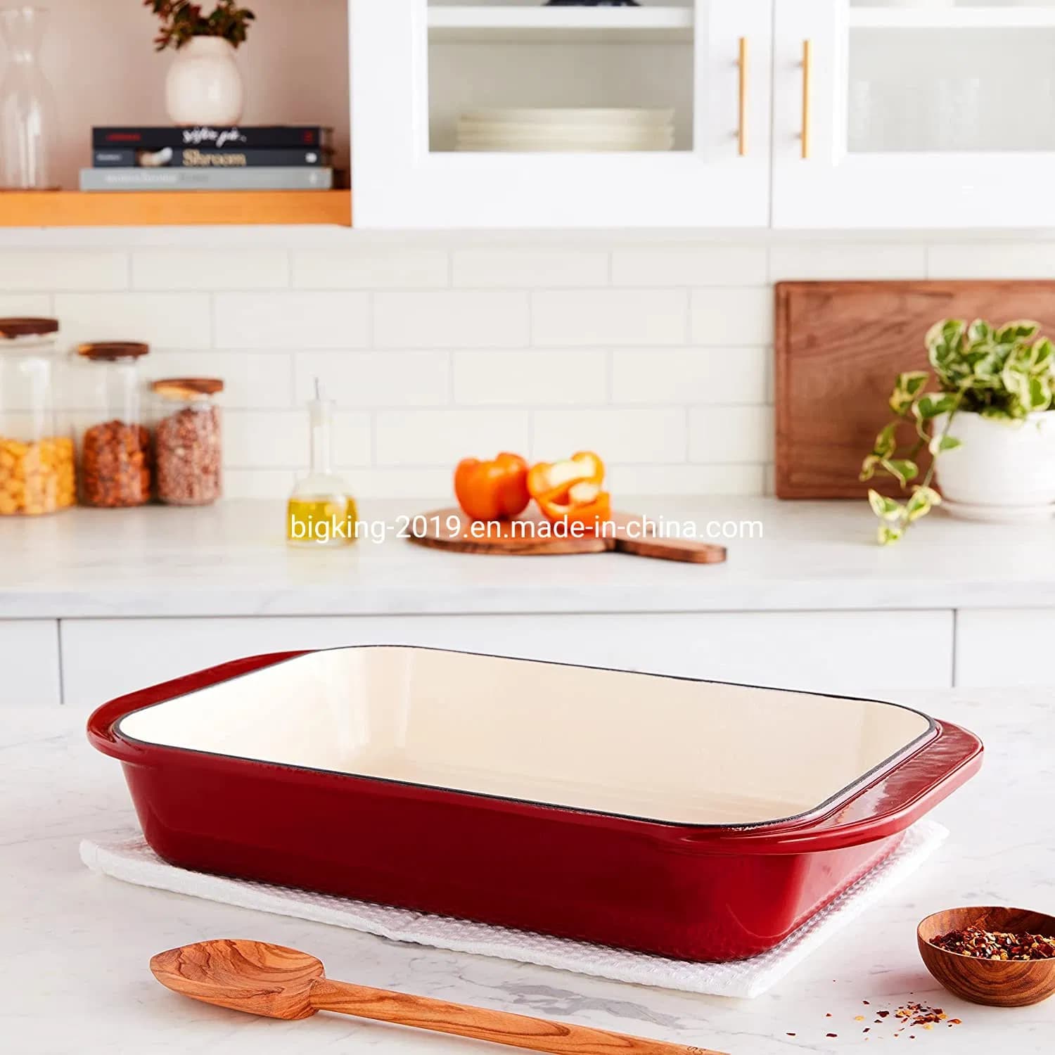 Custom Restaurant Red Color Rectangle Bakeware Oven Pans Roasting Tin Pie Dish Baking Metal Cast Iron Enamel Roasting Pan