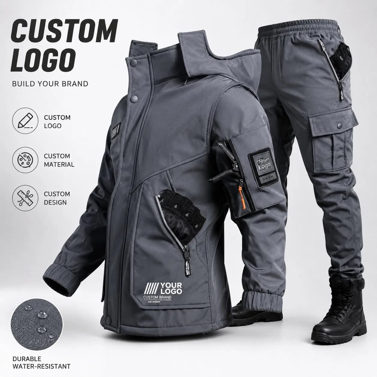 Custom Logo Outdoor Men's Autumn Winter Windproof Fleece Warm Suit Keeping Suit Hunting Clothes Tactical Soft Shell Uniform