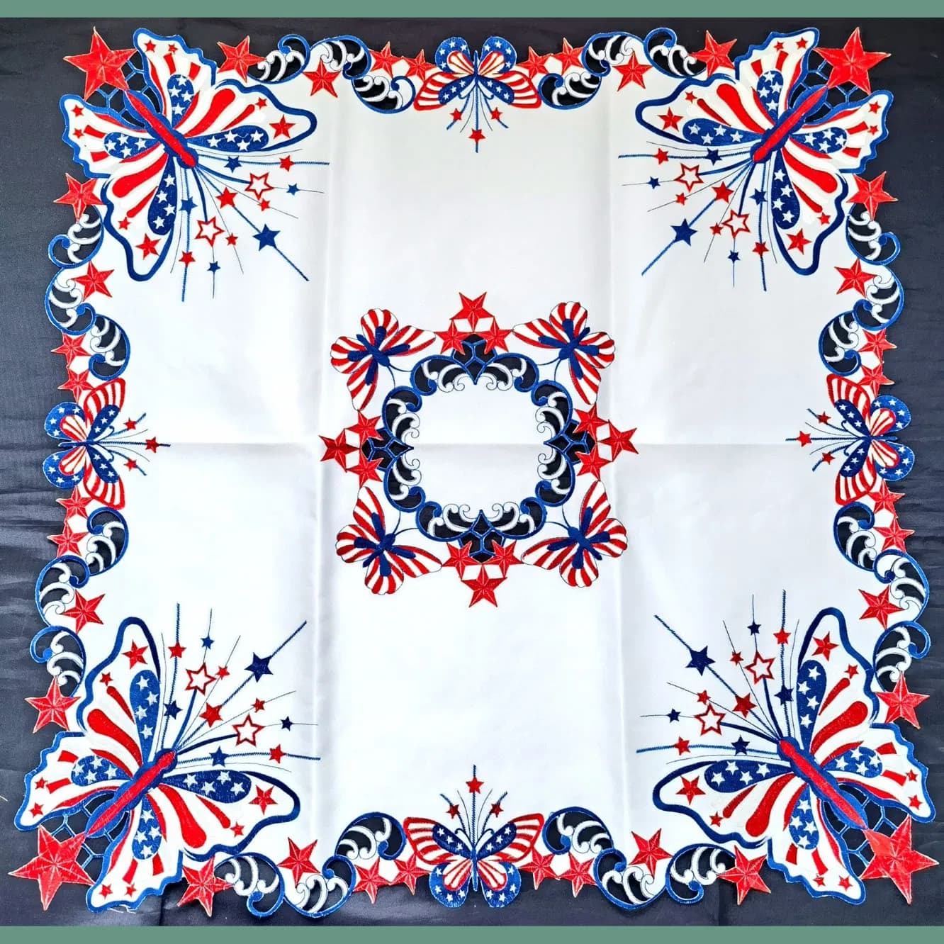 Patriotic Americana Butterfly and Star Embroidered Tablecloth