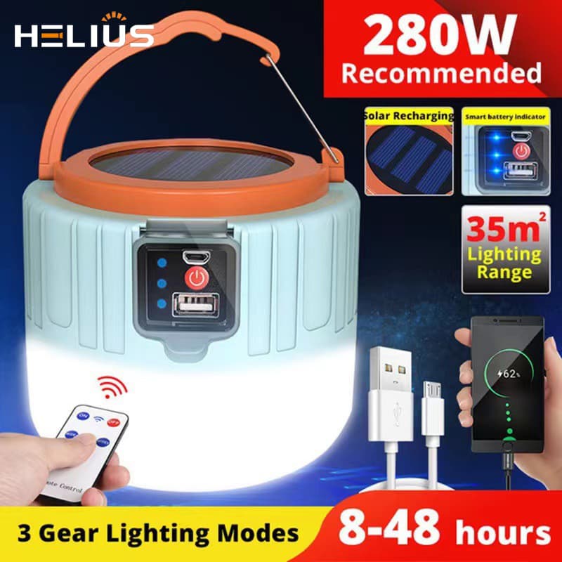 280W Powerful Remote Control Solar Charging LED Bulb Tent Lamp USB Input and Output LED Camping Light