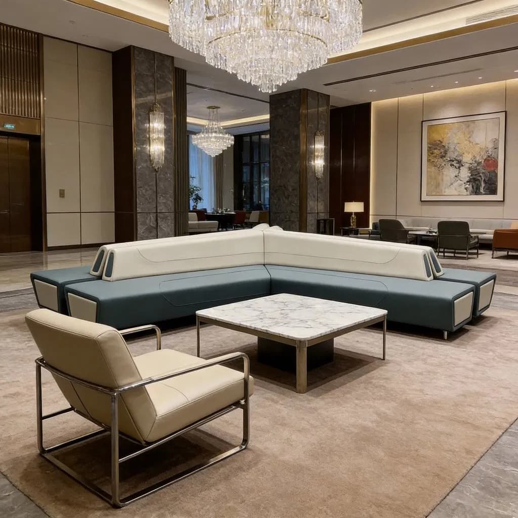 Special V Shape Project Public Area Waiting Couch Leather Hospitality Reception Sofa Modern Hotel Leisure Sofa Wooden Office Lobby Furniture Lounge Sofa