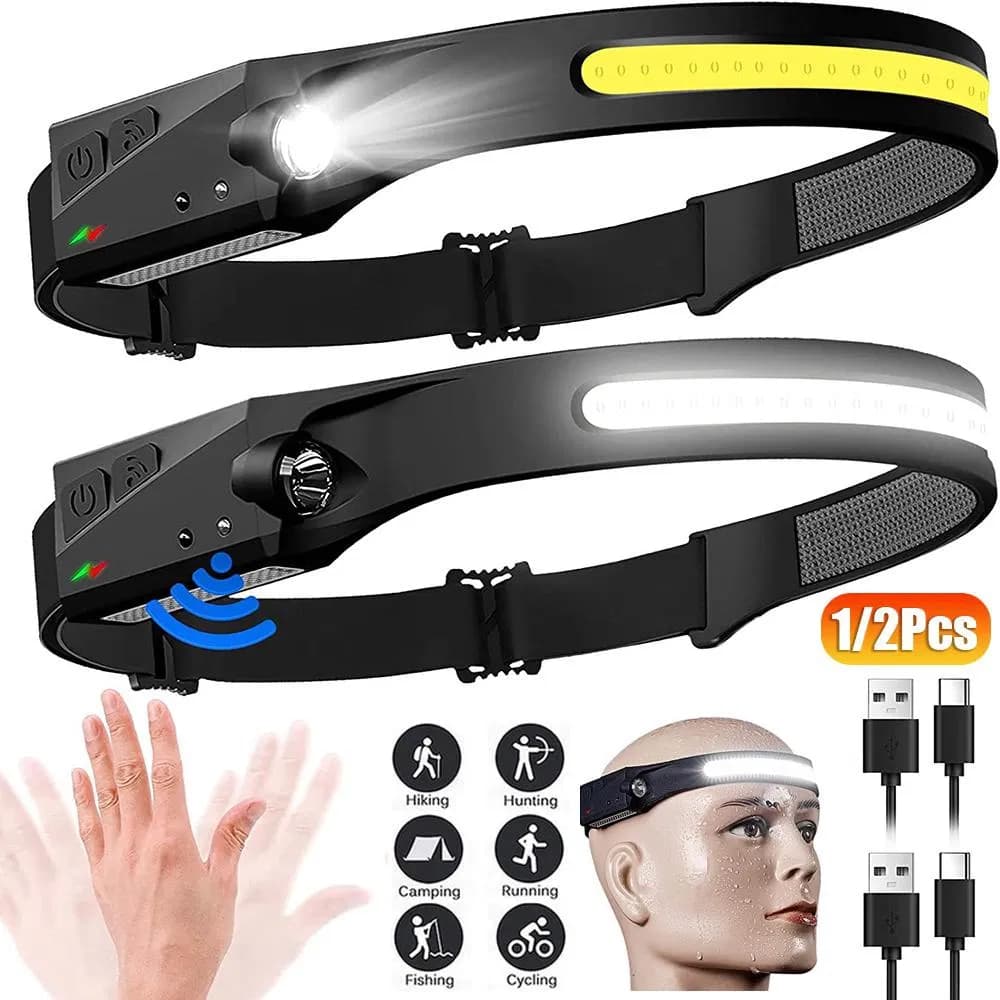 Gesture Sensor Waterproof LED Headlamp 230° Wide Beam Outdoor USB Rechargeable Cycling Light