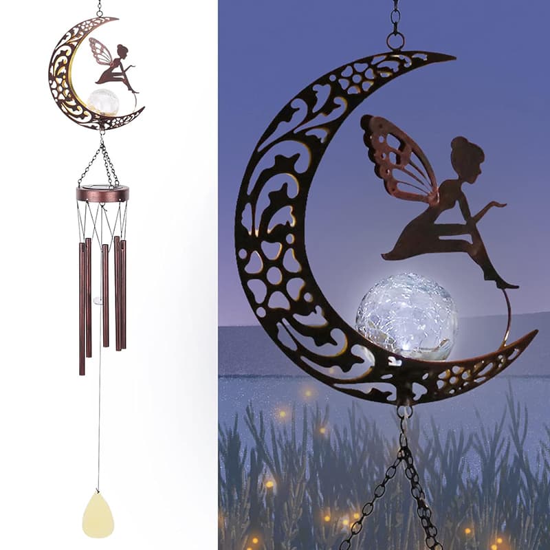 Metal Wind Chime with Moon and Fairy Spirits for Garden Yard Patio Decor Solar Wind Chimes for Outside