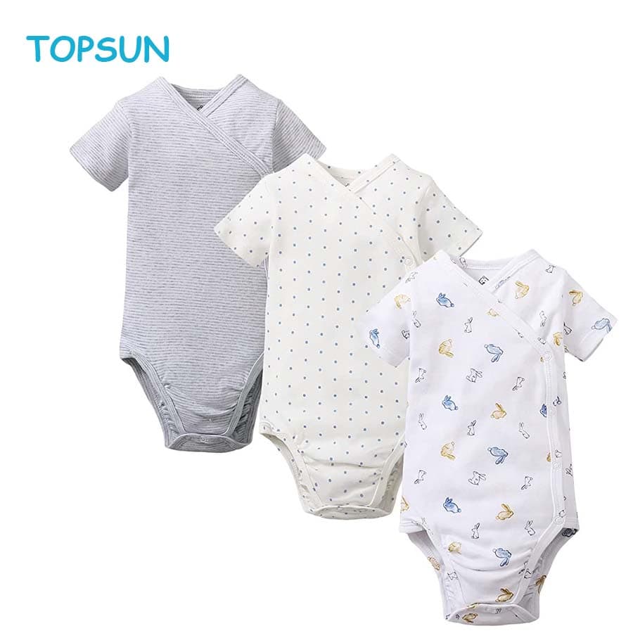 Baby Side Snap Bodysuit Kimono Onsies Newborn Boy Girl 3-Pack 100% Cotton Basic Pattern Kimono Bodysuits