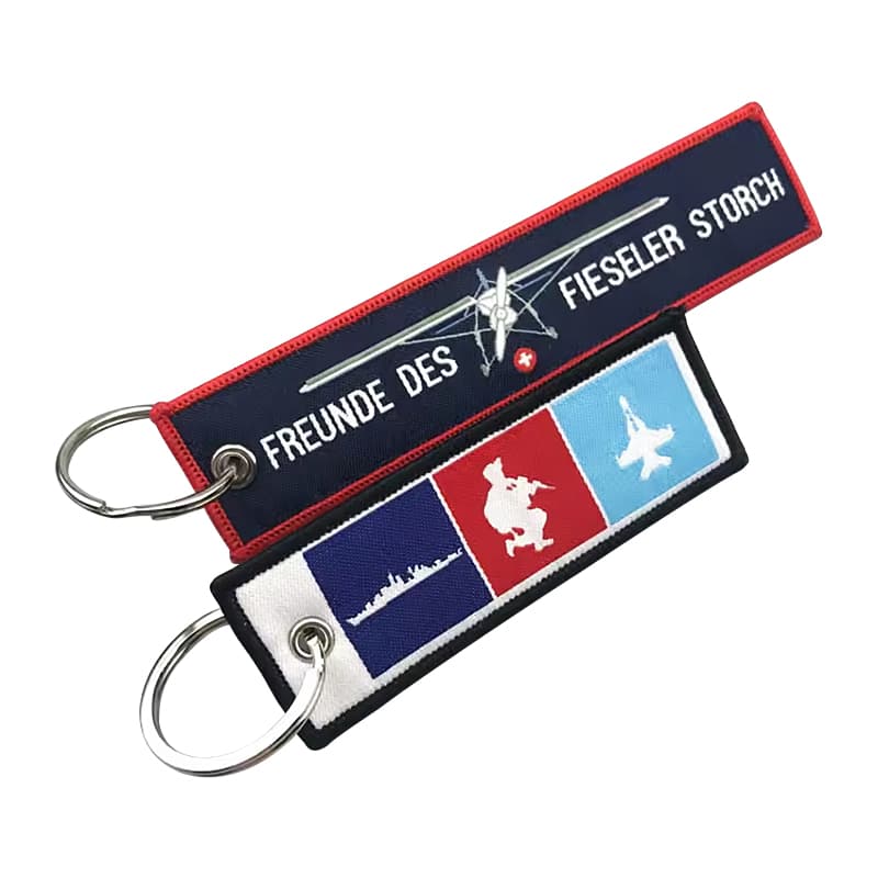 Promotional Woven Logo Printing Ethnic Polyester Fabric Embroidered Key Chain Double Pattern Embroidery Keychain