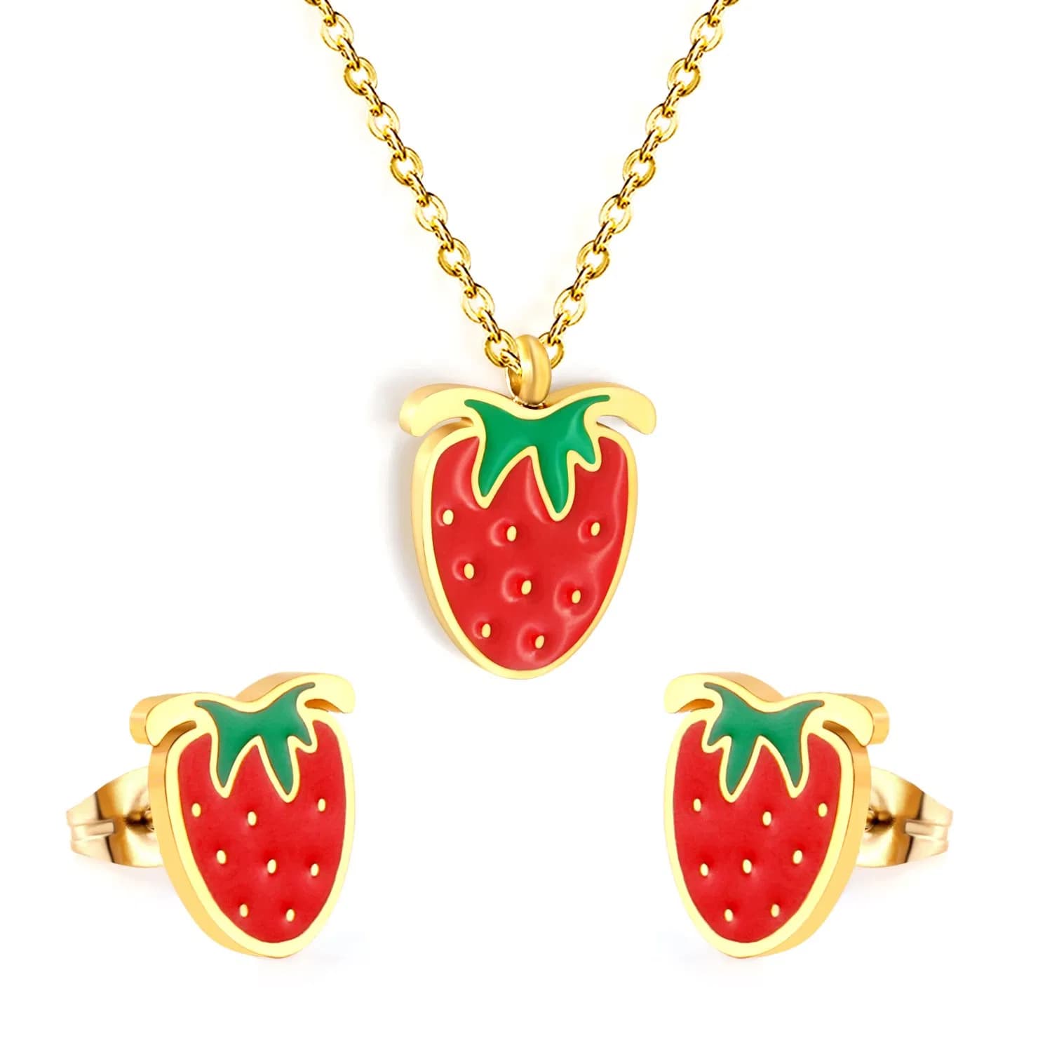 Ason Hypoallergenic Stainless Steel Gold-Plated Earrings and Necklace Strawberry Jewelry Set