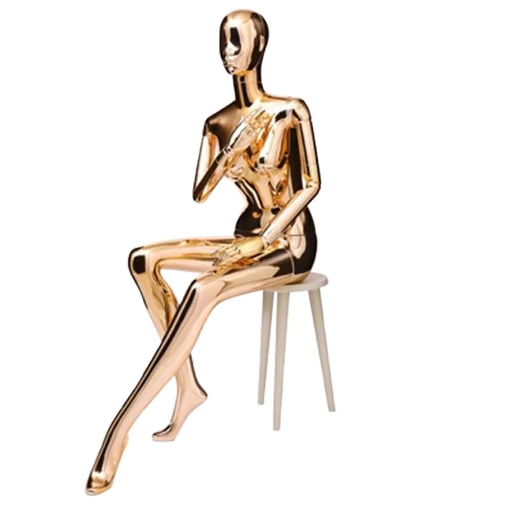 Factory Wholesale Full-Body Chroming Sitting Mannequin in Glossy Gold/Silver Made of Fiberglass/Metal/PP/PE/ABS with Stool for Male/Female/Kids Garment Display