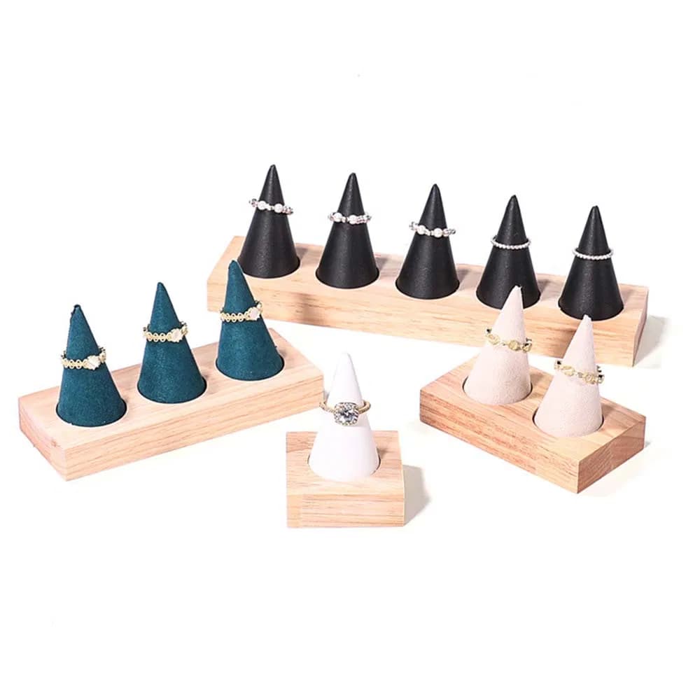 Wholesale 1/2/3/5 Unit Luxury Wooden Customized Microfiber Cone Rings Props in White/Black/Green/Pink for Jewelry Store Display Rack