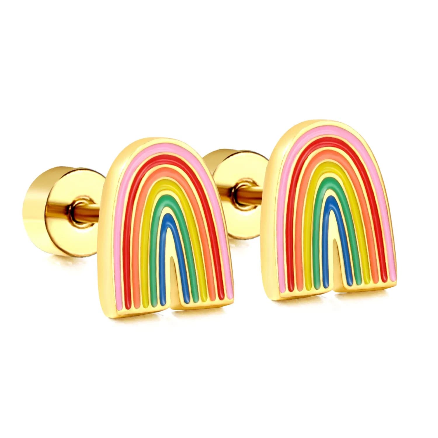 Ason Cartoon Jewelry Stainless Steel Gold-Plated Mixed-Color Enamel Rainbow Stud Earrings