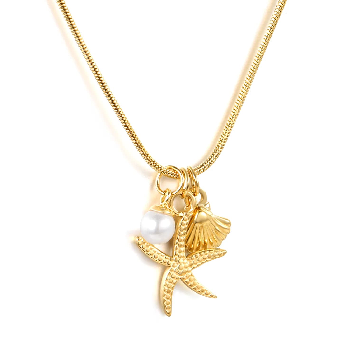 Ason Stainless Steel Gold Plated Jewellery Starfish Shell Pearl Pendant Necklace