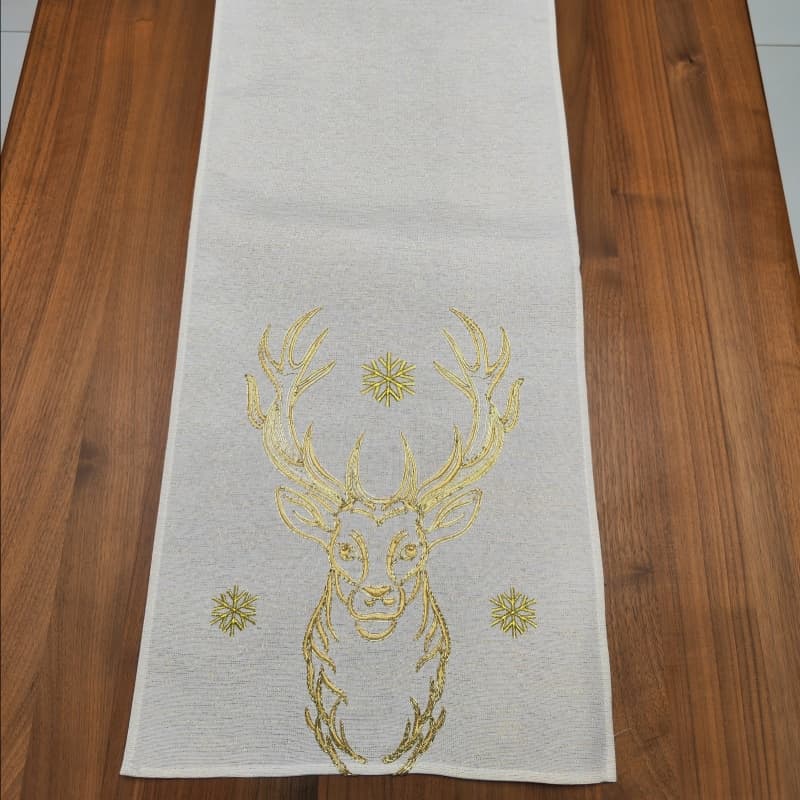 Elegant Beige Table Runner Featuring Intricate Golden Deer Head and Snowflake Embellishments for Festive Decor