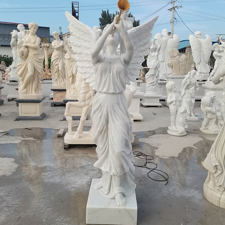 Professional Marble Carving White Angel Statue with Trumpet