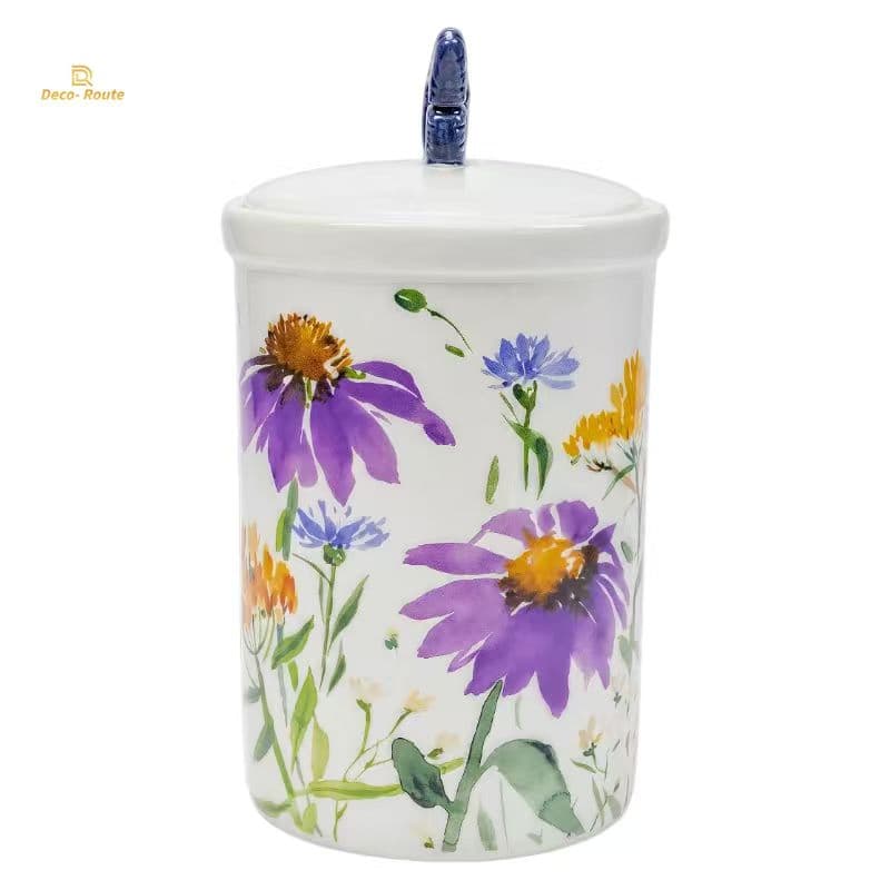 Wildflower Print 3D Butterfly Lid Ceramic Craft Home Craft Storage Canister